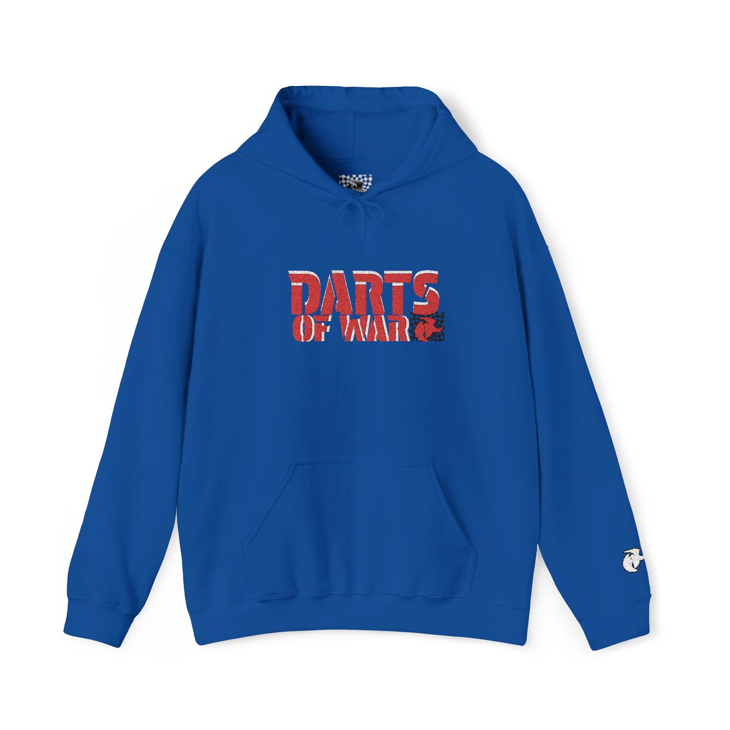 Embroidery Stitched Darts of War Hoodie – Red Distressed Darts Graphic Pullover