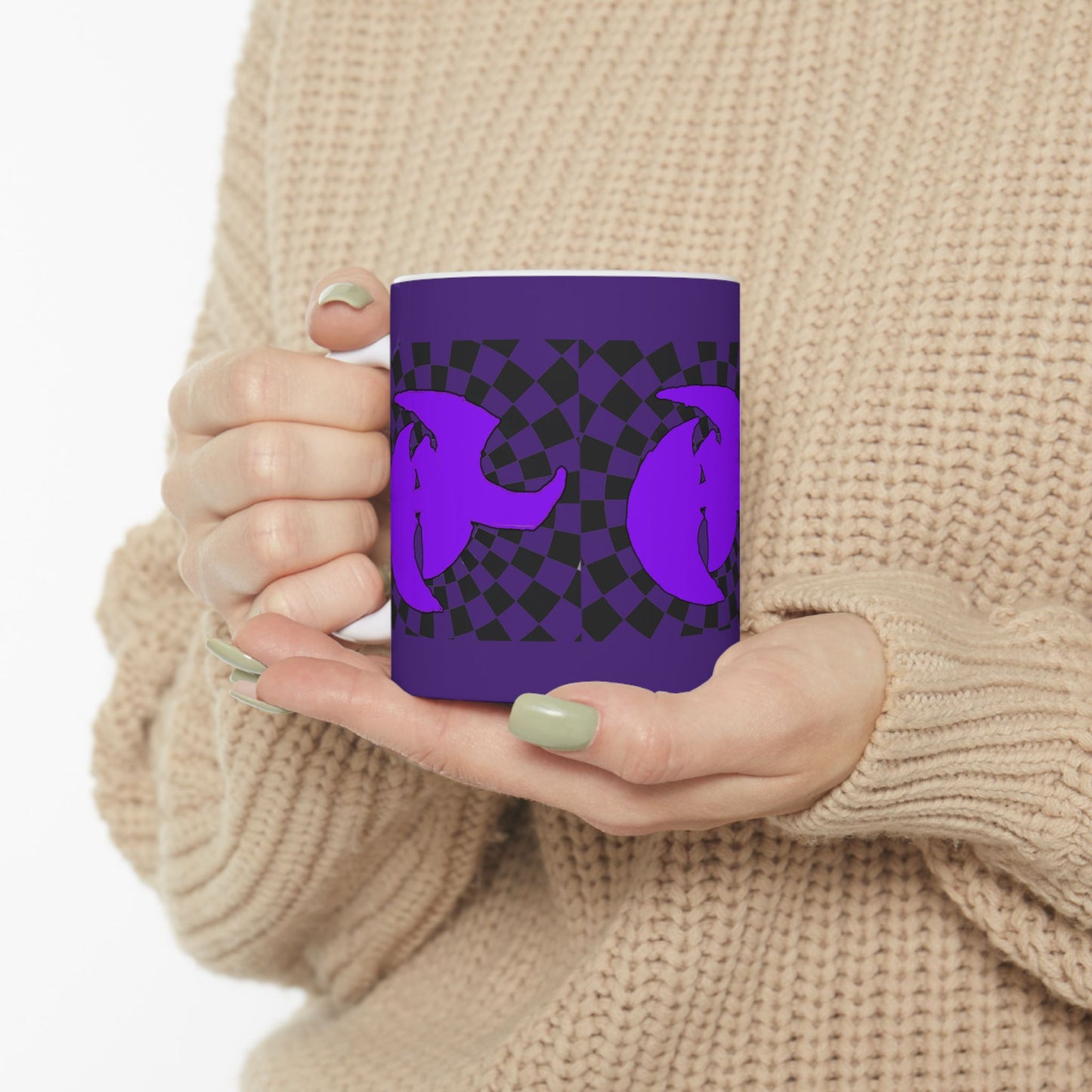 HK LOGO Vibrant Purple Ceramic Mug with Checkered Design - Ideal for Coffee Lovers