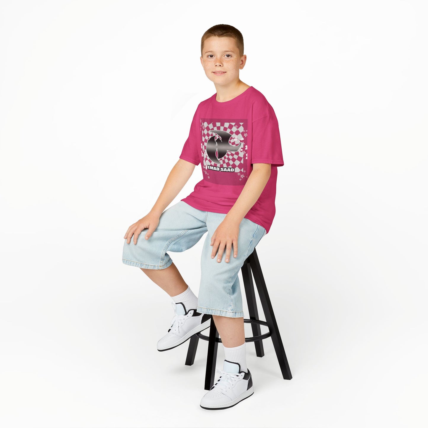Kids Tee — Checkered HK Graphic with “EMAD SAAD”