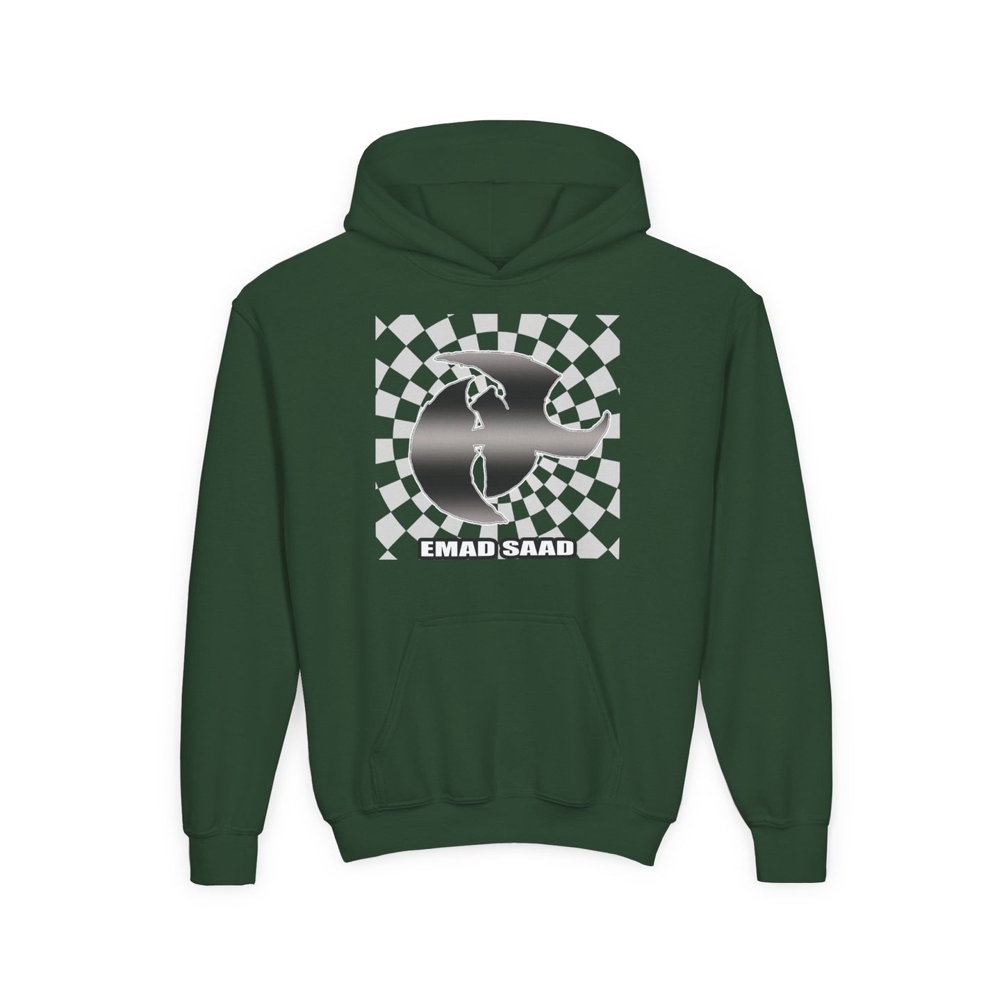 Youth Hoodie with Emad Saad Skate Logo — Black & White Skateboard Graphic