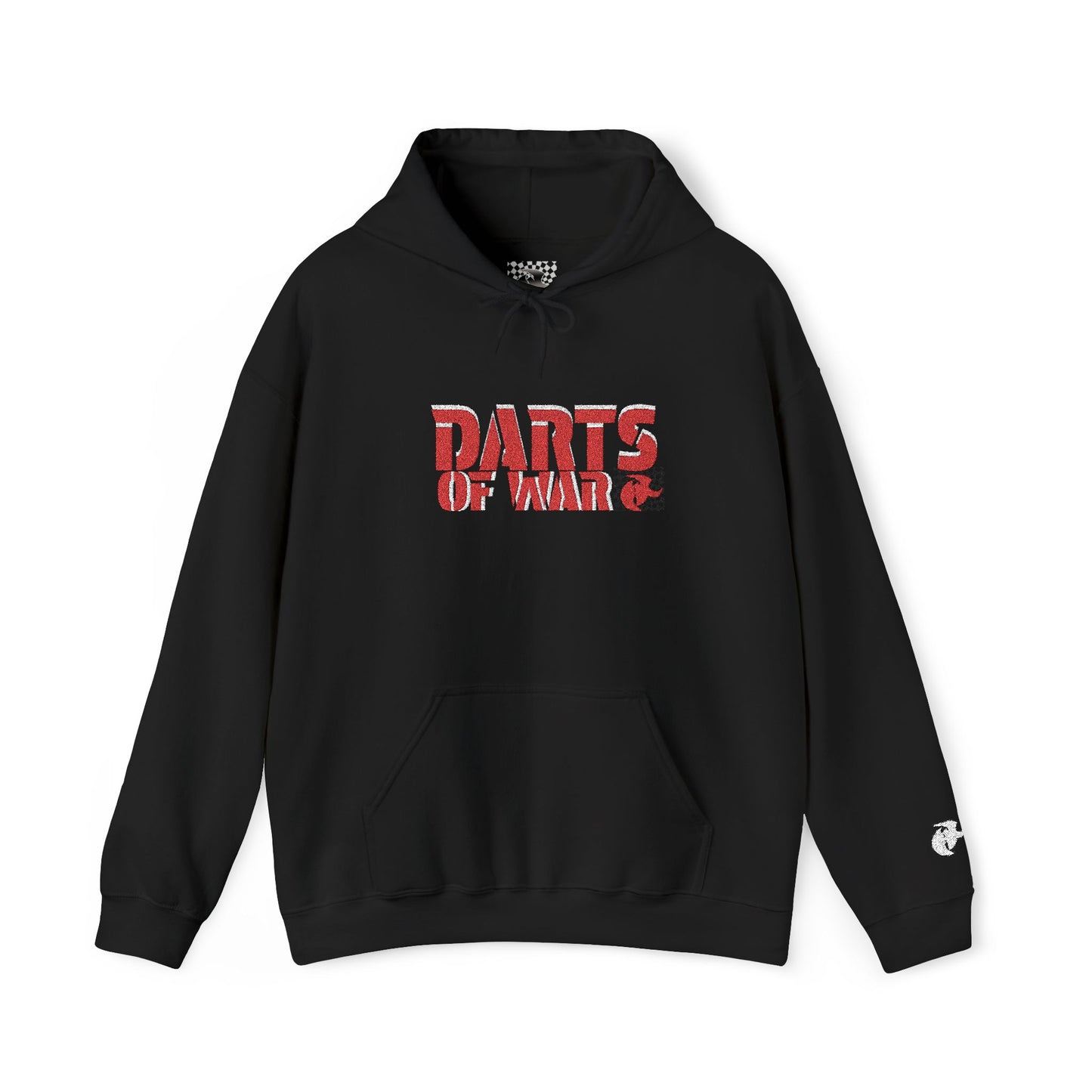 Embroidery Stitched Darts of War Hoodie – Red Distressed Darts Graphic Pullover