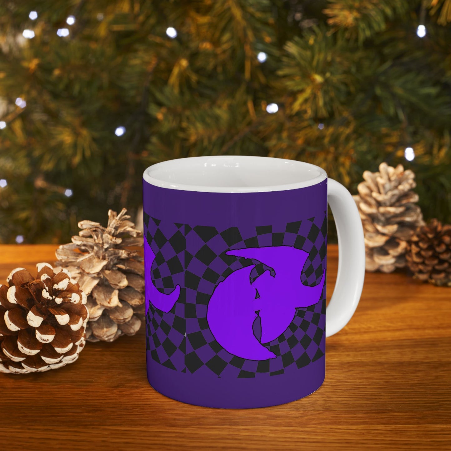 HK LOGO Vibrant Purple Ceramic Mug with Checkered Design - Ideal for Coffee Lovers