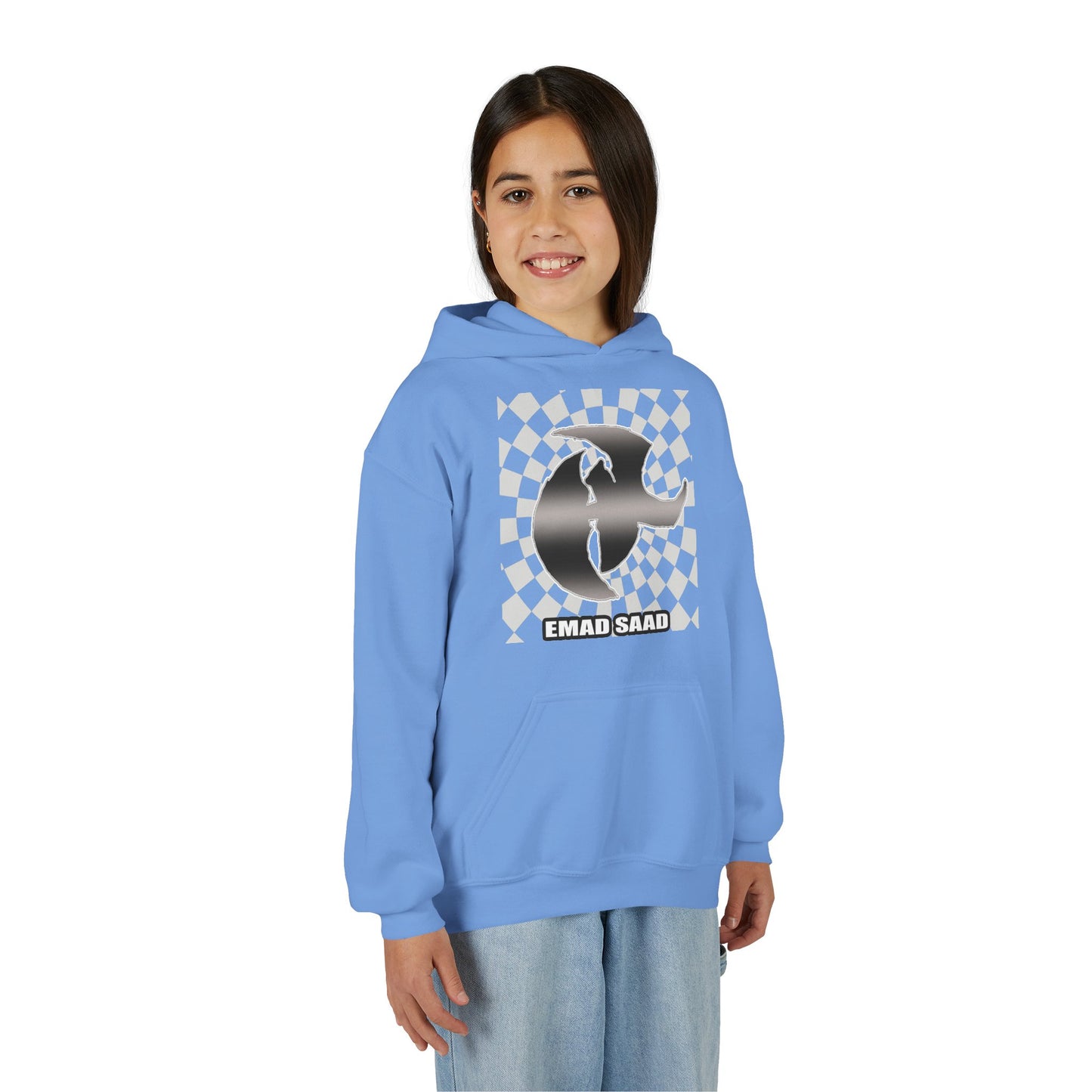Youth Hoodie with Emad Saad Skate Logo — Black & White Skateboard Graphic