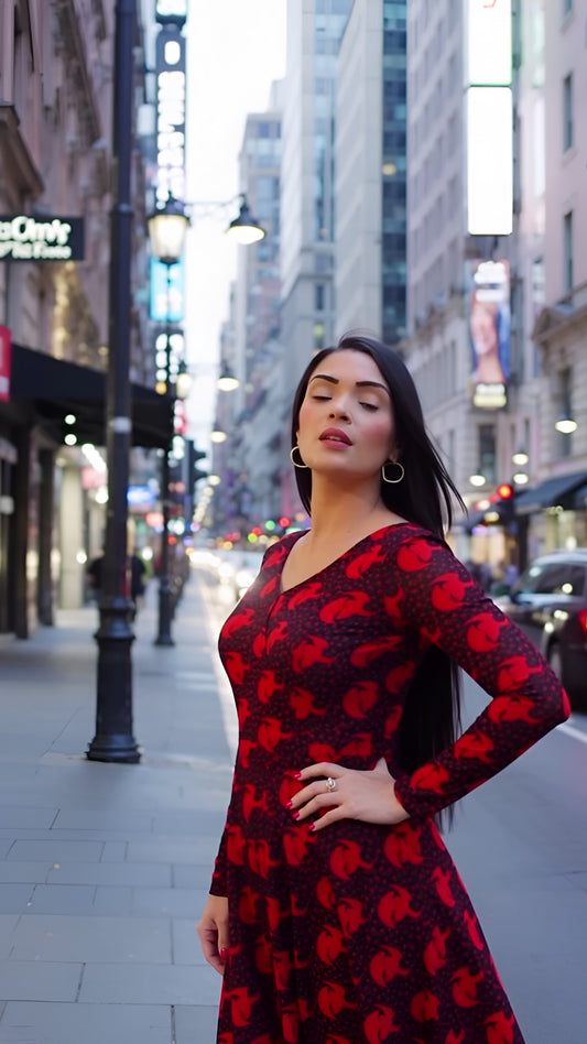 High Kouncil Emad Saad Elegant Long Sleeve Dance Dress with Red Pattern